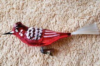 Vtg Blown Glass Christmas Ornament Clip Red Cardinal Bird With Glitter Accents