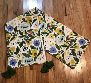 Vintage Retro Cloth Table Runner Olive Green Tassels Flowers 14 X 108