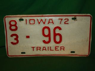 Expired 1972 Iowa Trailer License Plate Tag 83 - 96. ,  Aluminum.