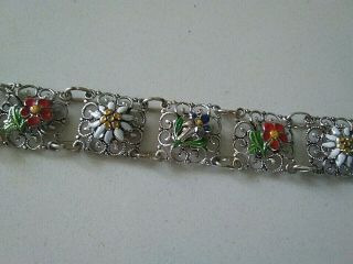 Vintage Alpine Tyrolean Silver Filigree & Enamel Flowers Bracelet 6 1/2 " Long