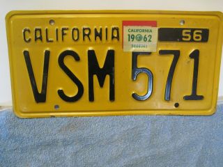 1956 California License Plate With 1962 Sticker.