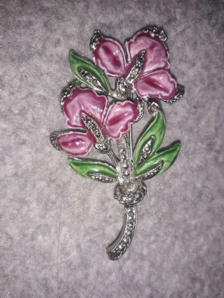 Vintage Costume Jewellery Pink And Green Flower Brooch