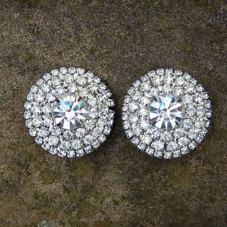 Vintage Pair Earrings Round Cluster Disc Clear Rhinestones Silver Tone Clip On