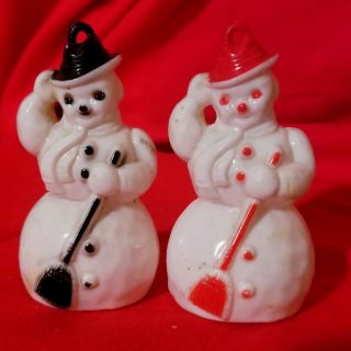 2 Vintage Hard Plastic Snowmen With Brooms Christmas 3 " Ornaments.  Circa 1950