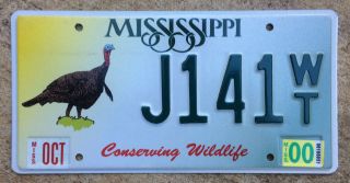Mississippi Conserving Wildlife License Plate 2000 Wild Turkey Graphic Embossed