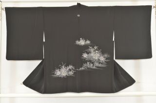 Vintage Silk Kimono Jacket:black Chrysanthemum/tree Peony@kc88