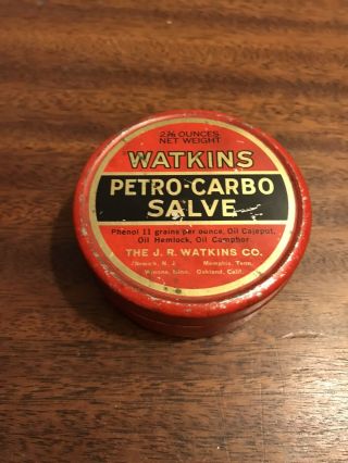 Vintage Watkins Petro Carbo Salve Red Advertising Tin 2 7/8 Oz Wow Cool