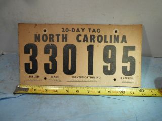 North Carolina 20 Day Temp.  Cardboard License Plate 1979 Rare Find