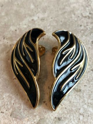 Vintage Signed Monet Gold Tone Black Enamel Leaf Angel Wings Clip On Earrings