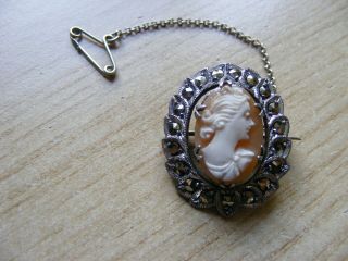Vintage Sterling Silver With Marcasite Hand Carved Shell Cameo Pin Brooch