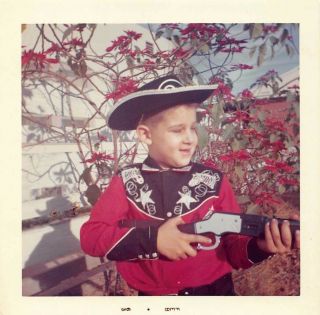 Young Boy Cowboy Outfit Red Black Embroidered Shirt Hat Rifle Gun Vtg Photo 246