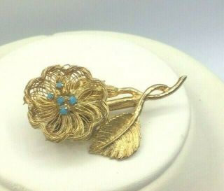 Vintage Pin Rhinestone Aqua & Goldtone Wired Flower & Leaf Brooch