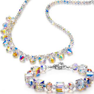 Vtg Aurora Borealis Cut Glass Crystal Choker Necklace Double Strand 14 " - 16 "