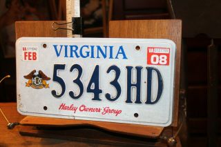 2008 Virginia License Plate 5343hd Harley Owners Group Hog Davidson Vanity