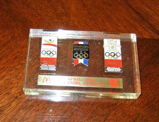 1992 Barcelona Olympics 3 Sponsor Pins Coca - Cola/minute Maid Lucite Paperweight