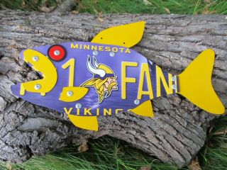 Mn.  Vikings License Plate Folk Art Hand - Made Fish Carving Sign Wall Shop Hanging