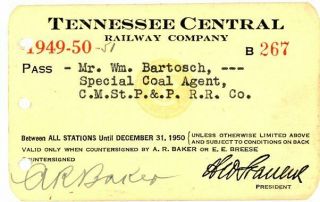 Vintage,  Tennessee Central Railway Company,  Pass,  1949 - 50,  4 " X 2 - 1/2 "