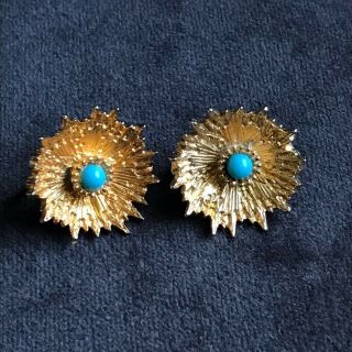 Vintage Retro1960s/70s Gilt Metal And Turquoise Bead Flower Clip On Earrings