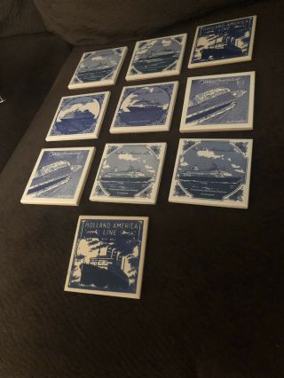 10 Vintage Holland America Line Porcelain Delft Blue Tile Cruise Ship Coasters