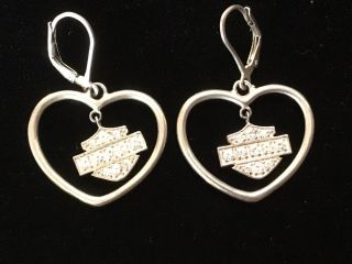 Harley Davidson Sterling Heart With Crystal Bar And Shield Drop Earrings 2