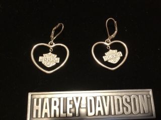 Harley Davidson Sterling Heart With Crystal Bar And Shield Drop Earrings 3