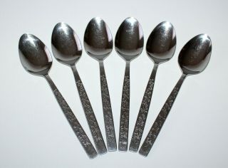 6 Vintage Stanley Roberts Dormel Floral Scroll Stainless Steel Soup Spoons 7 3/8