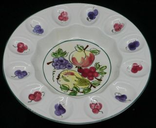Vintage Ceramic Deviled Egg Plate,  Tray W Hand Painted Fruit Decoration,  Retro