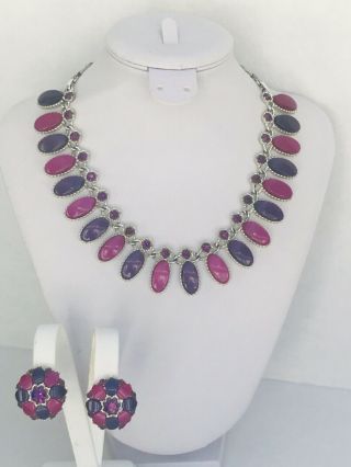 Vintage Thermoset Plastic Necklace & Earrings Set Purple Lilac,  Rhinestones
