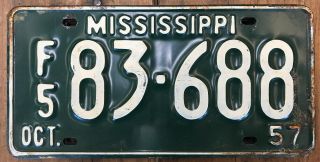 1 Antique Vintage 1957 Mississippi Car Truck Farm Tag License Plate Green White