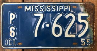 1 Antique Vintage 1955 Mississippi Car Tag Truck License Plate Blue White Pcode