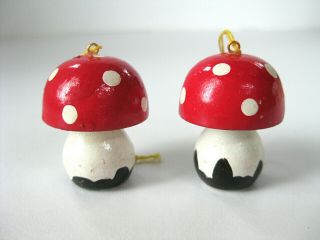2 Vintage Miniature Wood Mushrooms Christmas Tree Ornaments Hand Painted
