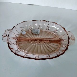 Vintage Pink Depression Glass Divided Serving/ Candy Dish With Handles