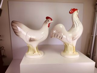 Vintage Rooster And Hen Figurines Japan Chicken Hand Painted Pair - Perfect