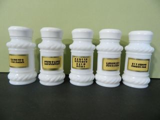 Vintage Set Of 5 Milk Glass Spice Jars Rope Trim White Lids Shaker Tops