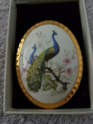 Vintage Signed Fine Bone China Countess England Gold Gilt Peacocks Brooch Pin