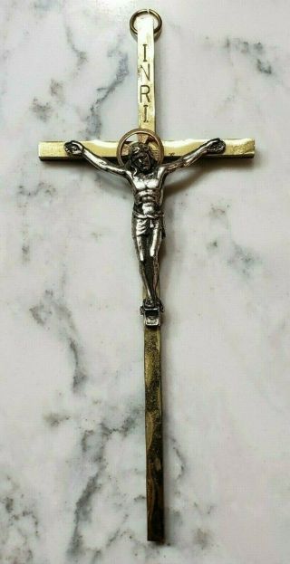 Vintage 6 " Gold Brass Hanging Wall Inri Crucifix W Silver Christ