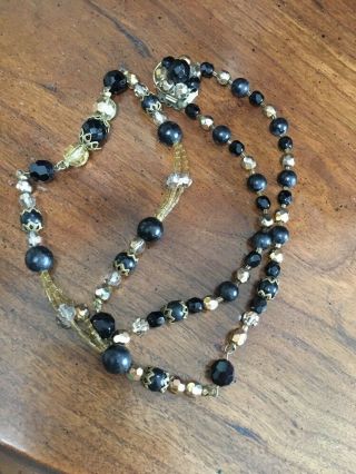Vintage Estate Crystal And Black Beaded Necklace With Fancy Clasp