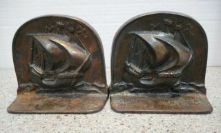 Vtg Metal Bronze Cast Iron Sailing Ship Bookends 1925 Dal 3 3/4 " T X 4 1/4 " W