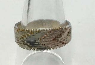 Vintage Two Tone Sterling Silver 925 Wide Unique Ring Sz 9.  25 Ds39