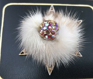 Vintage Cream Mink Star Brooch With Coloured Stones
