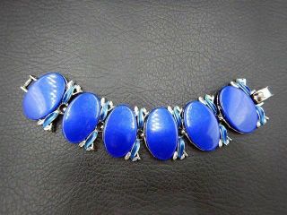Vintage Bracelet W/ Enamel & 1 3/8 " Oval Blue Lucite Thermoset Plastic Links
