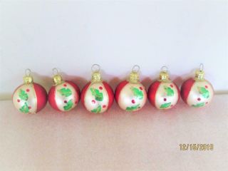 6 Small Vintage Holly & Berries Red And White Glass Christmas Ornaments