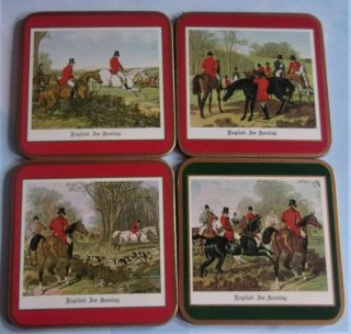 4 Vintage Pimpernel Coasters English Fox Hunting Horses Green & Red Gold Border