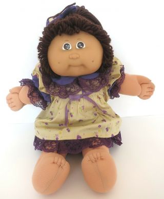 Vintage Coleco 1985 16 " Cabbage Patch Doll W/ Brown Hair & Purple & Tan Dress