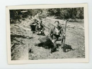 Hunter Posing With Dead Bear And Gun - Vintage Snapshot Black And White Photo