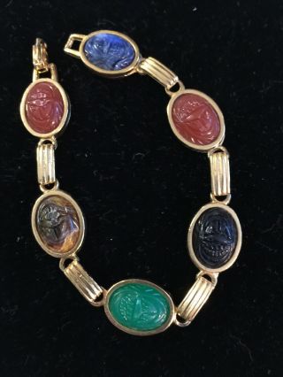 Vtg Gold Tone Multi Colored Scarab Bracelet 6 Stones 7” Long 292