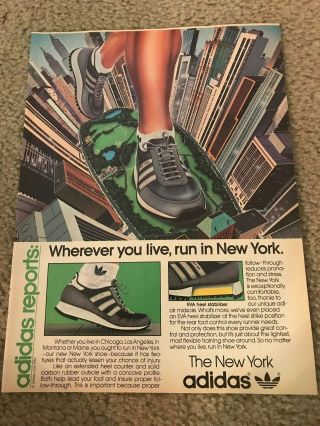 Vintage 1984 Adidas York Running Shoes Poster Print Ad Nyc Twin Towers 1980s