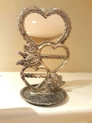 Vintage Silverplated Stud Heart Shaped Mirrored Earring Stand Jewelty Holder