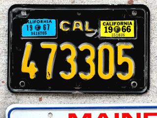 1963 Yellow On Black California Motorcycle License Plate 1966 And 1967 Stickers