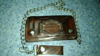 Harley Davidson Leather Wallet Dark Brown With Chain Made In Usa